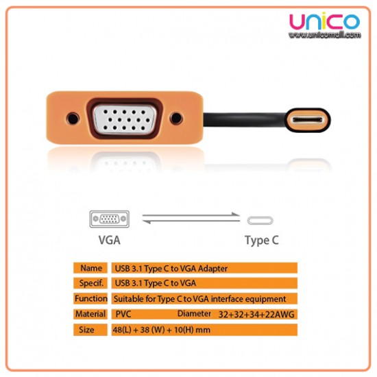 USB 3.1 Type C to VGA Adapter Cable 0.15 Meter