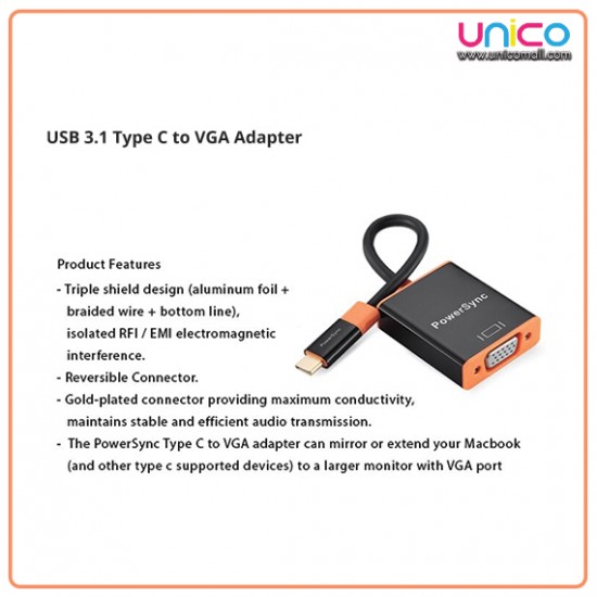 USB 3.1 Type C to VGA Adapter Cable 0.15 Meter