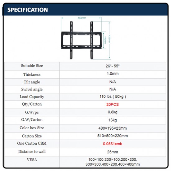 LED LCD Flat Panel TV Bracket Wall Mount For 26''-55"